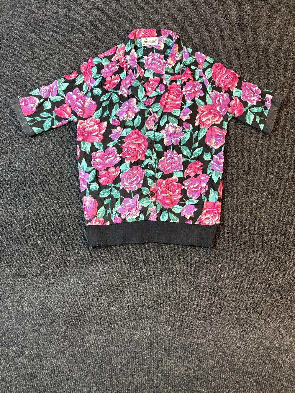 Vintage Joanna Blouse Womens L Multicolor Floral Short Sleeve Button Up USA